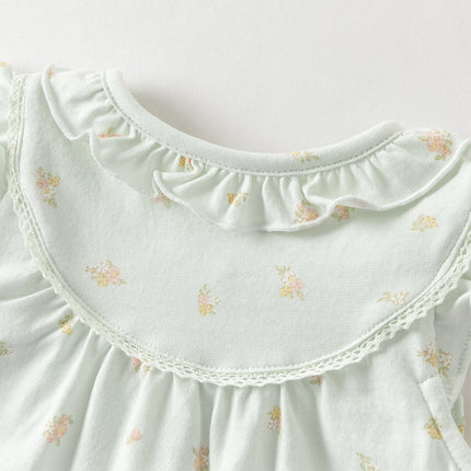 Baby Girls Summer Adorable Green Floral Sleeveless Breathable Cotton Rompers