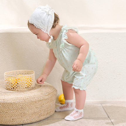 Baby Girls Summer Adorable Green Floral Sleeveless Breathable Cotton Rompers