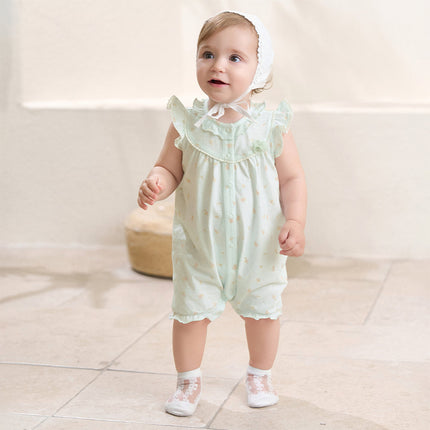 Baby Girls Summer Adorable Green Floral Sleeveless Breathable Cotton Rompers