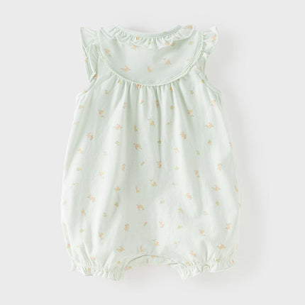 Baby Girls Summer Adorable Green Floral Sleeveless Breathable Cotton Rompers