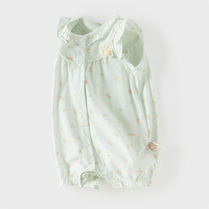 Baby Girls Summer Adorable Green Floral Sleeveless Breathable Cotton Rompers