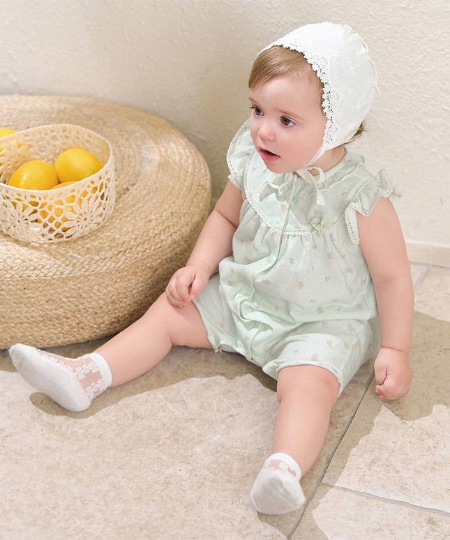 Baby Girls Summer Adorable Green Floral Sleeveless Breathable Cotton Rompers