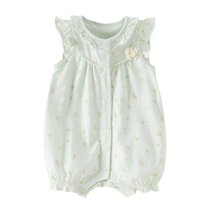 Baby Girls Summer Adorable Green Floral Sleeveless Breathable Cotton Rompers