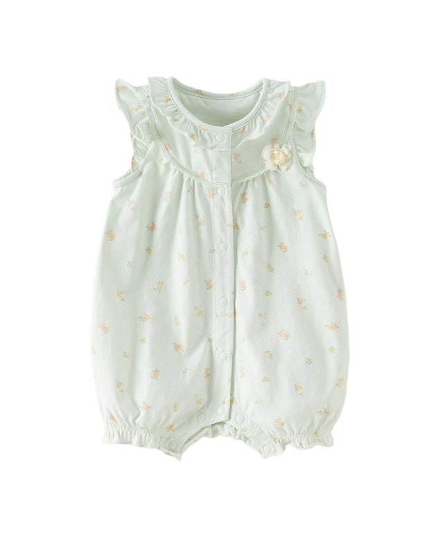 Baby Girls Summer Adorable Green Floral Sleeveless Breathable Cotton Rompers