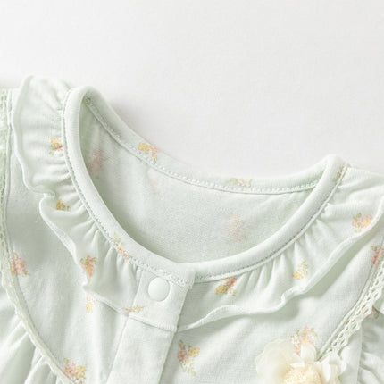 Baby Girls Summer Adorable Green Floral Sleeveless Breathable Cotton Rompers