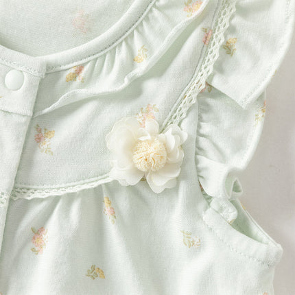 Baby Girls Summer Adorable Green Floral Sleeveless Breathable Cotton Rompers