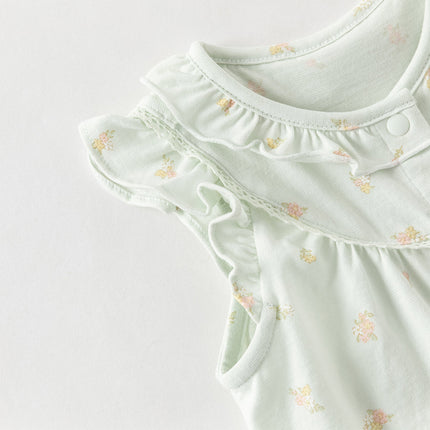 Baby Girls Summer Adorable Green Floral Sleeveless Breathable Cotton Rompers