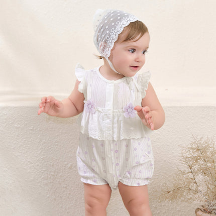 Baby Girls Summer Cute Purple Floral Sleeveless Soft Cotton Rompers