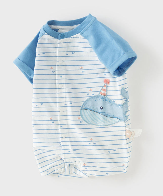 Baby Boys Summer Cool Blue Whale Print Cotton Soft Lightweight Rompers