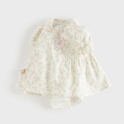 Baby Girls Summer Floral Print Beige Turtle Chinese-style Comfortable Rompers
