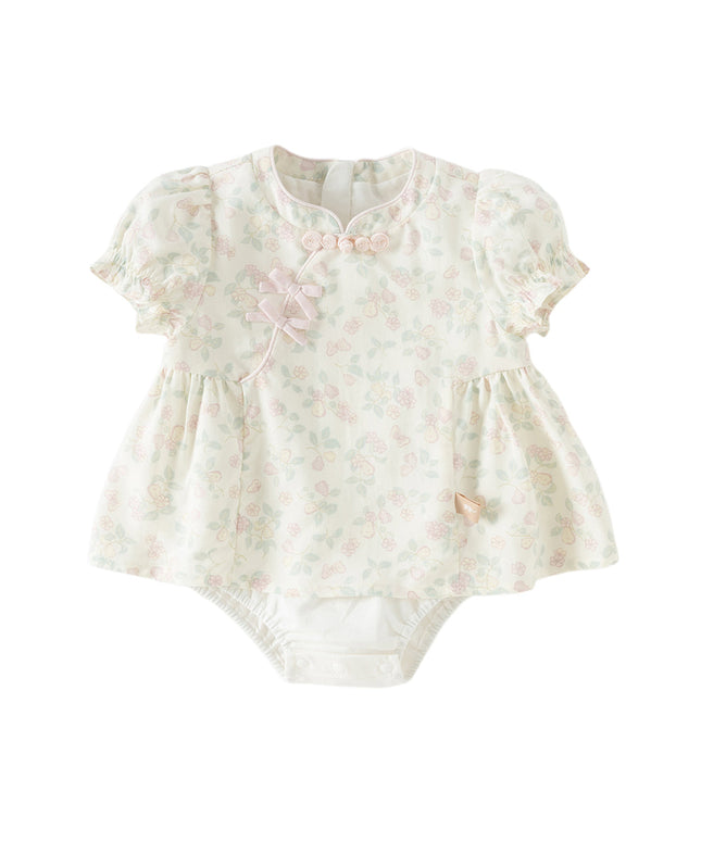 Baby Girls Summer Floral Print Beige Turtle Chinese-style Comfortable Rompers