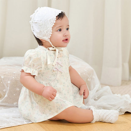 Baby Girls Summer Floral Print Beige Turtle Chinese-style Comfortable Rompers