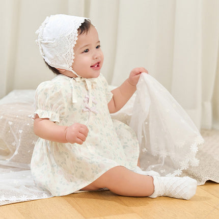 Baby Girls Summer Floral Print Beige Turtle Chinese-style Comfortable Rompers