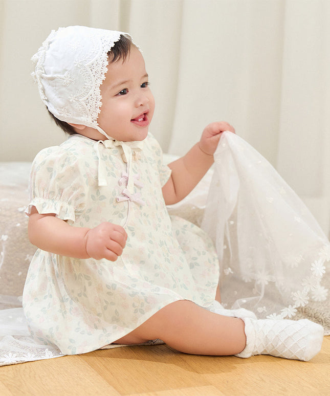 Baby Girls Summer Floral Print Beige Turtle Chinese-style Comfortable Rompers