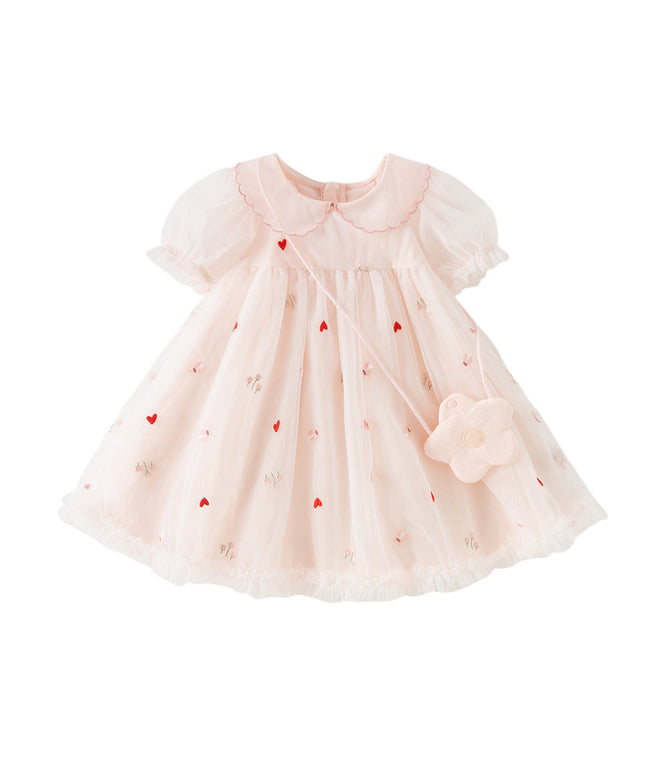 Toddler Girls Summer Cute Pink Love Print Lightweight Mesh Dress(wallet bag)