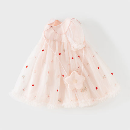 Toddler Girls Summer Cute Pink Love Print Lightweight Mesh Dress(wallet bag)
