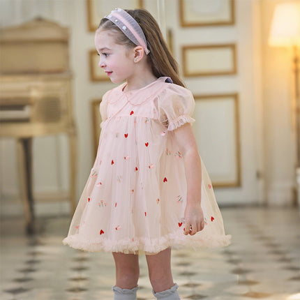 Toddler Girls Summer Cute Pink Love Print Lightweight Mesh Dress(wallet bag)