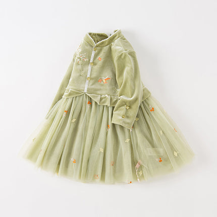 Toddler Girls Sweet Chinese-style Green Mesh Birthday Dress