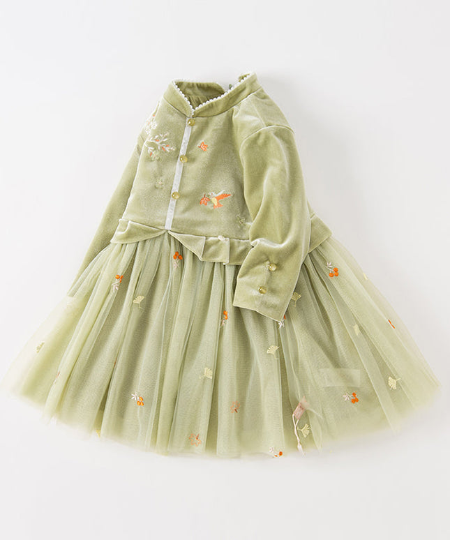 Toddler Girls Sweet Chinese-style Green Mesh Birthday Dress