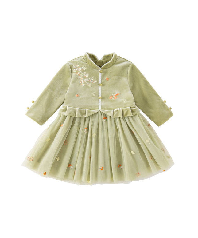 Toddler Girls Sweet Chinese-style Green Mesh Birthday Dress