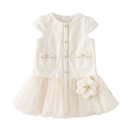Toddler Girls Beige Noble Cute Short-sleeved A-line Mesh Dress (wallet bag)