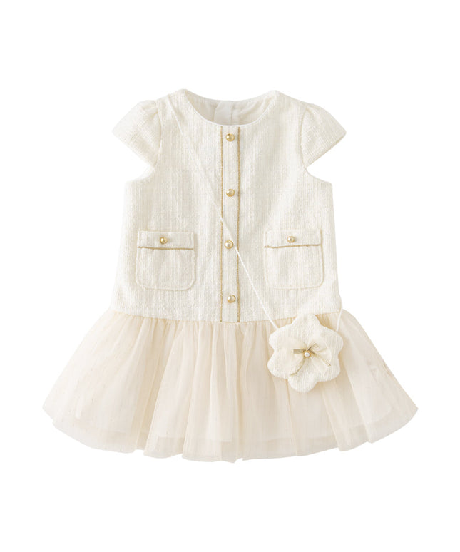 Toddler Girls Beige Noble Cute Short-sleeved A-line Mesh Dress (wallet bag)
