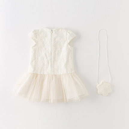 Toddler Girls Beige Noble Cute Short-sleeved A-line Mesh Dress (wallet bag)