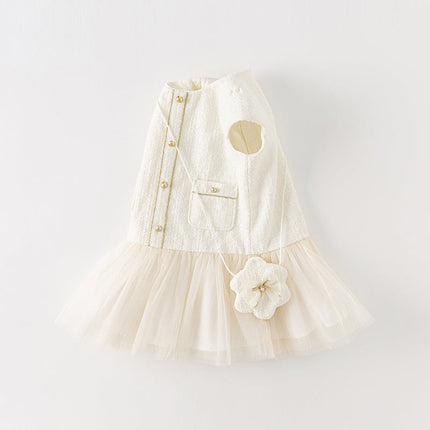 Toddler Girls Beige Noble Cute Short-sleeved A-line Mesh Dress (wallet bag)