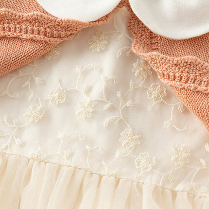 Toddler Girls Charming Orange Pink Knit Sweater Mesh A-line Dress
