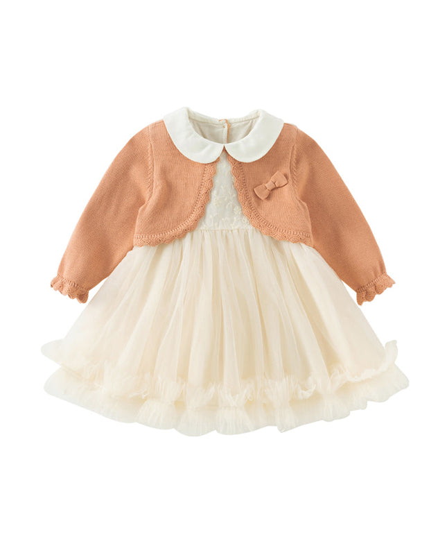 Toddler Girls Charming Orange Pink Knit Sweater Mesh A-line Dress
