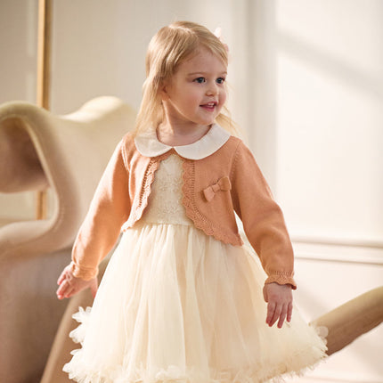 Toddler Girls Charming Orange Pink Knit Sweater Mesh A-line Dress
