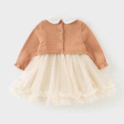 Toddler Girls Charming Orange Pink Knit Sweater Mesh A-line Dress