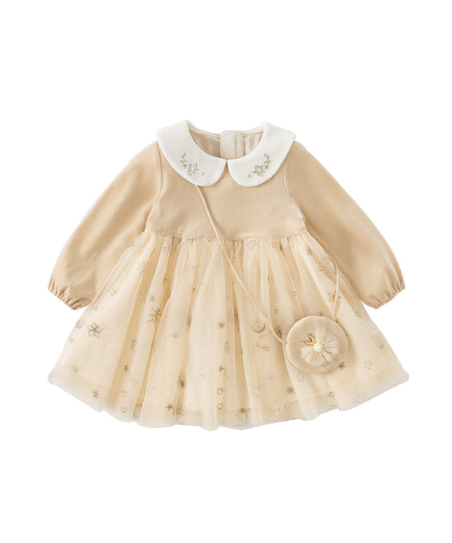 Toddler Girls Apricot-yellow Delicate Mesh Princess Dress(wallet bag)
