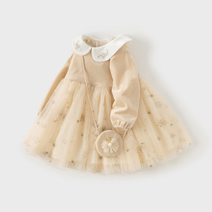 Toddler Girls Apricot-yellow Delicate Mesh Princess Dress(wallet bag)