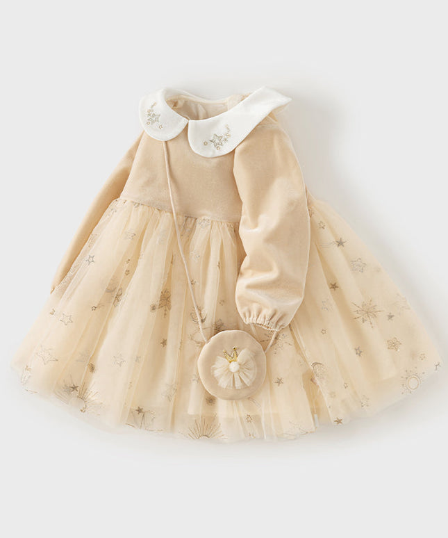 Toddler Girls Apricot-yellow Delicate Mesh Princess Dress(wallet bag)