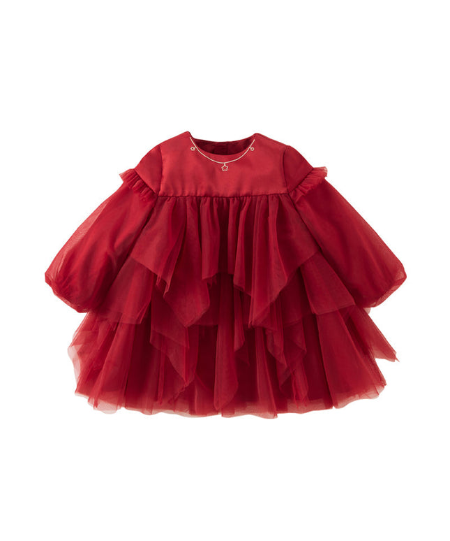 Toddler Girls Festival Red Fluffy Mesh Princess Dance Dress