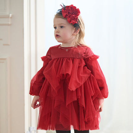 Toddler Girls Festival Red Fluffy Mesh Princess Dance Dress
