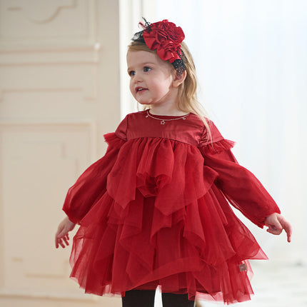 Toddler Girls Festival Red Fluffy Mesh Princess Dance Dress