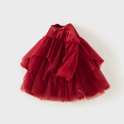 Toddler Girls Festival Red Fluffy Mesh Princess Dance Dress
