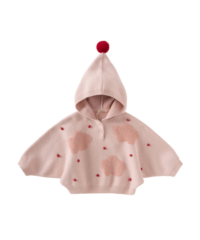 Toddler Girls Grey Pink Knit hooded Cape-style Sweater Tops