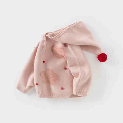 Toddler Girls Grey Pink Knit hooded Cape-style Sweater Tops