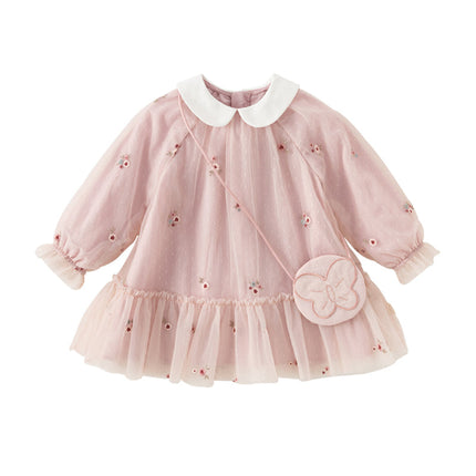 Toddler Girls Sweet Pink Embroidery Mesh Princess Dress (wallet bag)