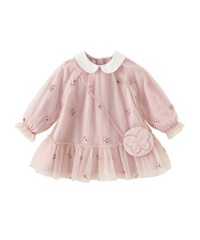 Toddler Girls Sweet Pink Embroidery Mesh Princess Dress (wallet bag)