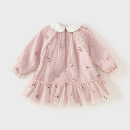 Toddler Girls Sweet Pink Embroidery Mesh Princess Dress (wallet bag)