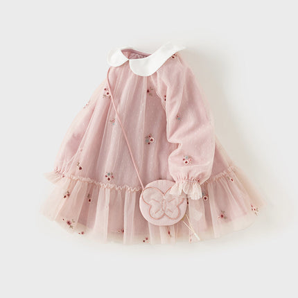 Toddler Girls Sweet Pink Embroidery Mesh Princess Dress (wallet bag)