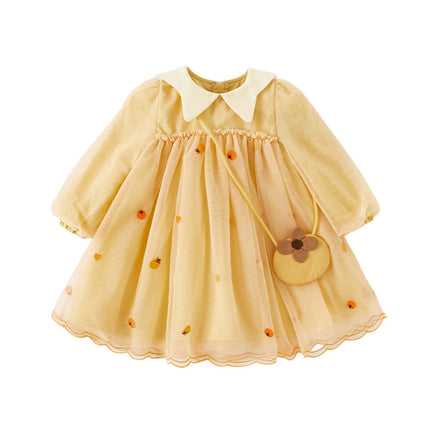 Toddler Girls Autumn Adorable Orange Princess Mesh Dress(wallet bag)