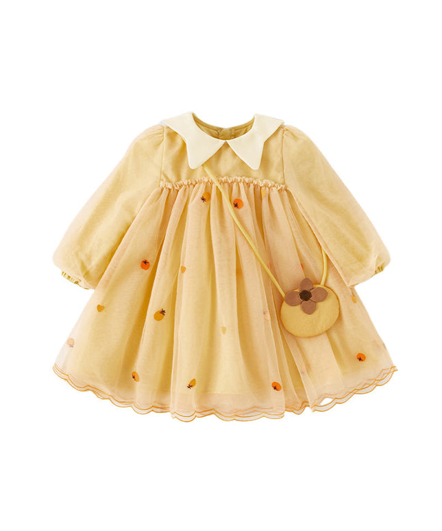Toddler Girls Autumn Adorable Orange Princess Mesh Dress(wallet bag)