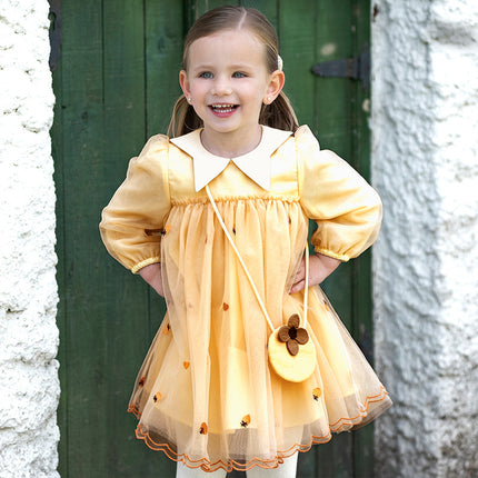 Toddler Girls Autumn Adorable Orange Princess Mesh Dress(wallet bag)