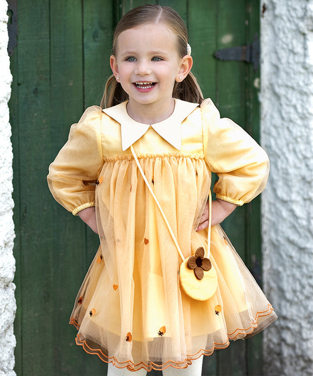 Toddler Girls Autumn Adorable Orange Princess Mesh Dress(wallet bag)