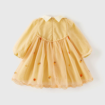 Toddler Girls Autumn Adorable Orange Princess Mesh Dress(wallet bag)